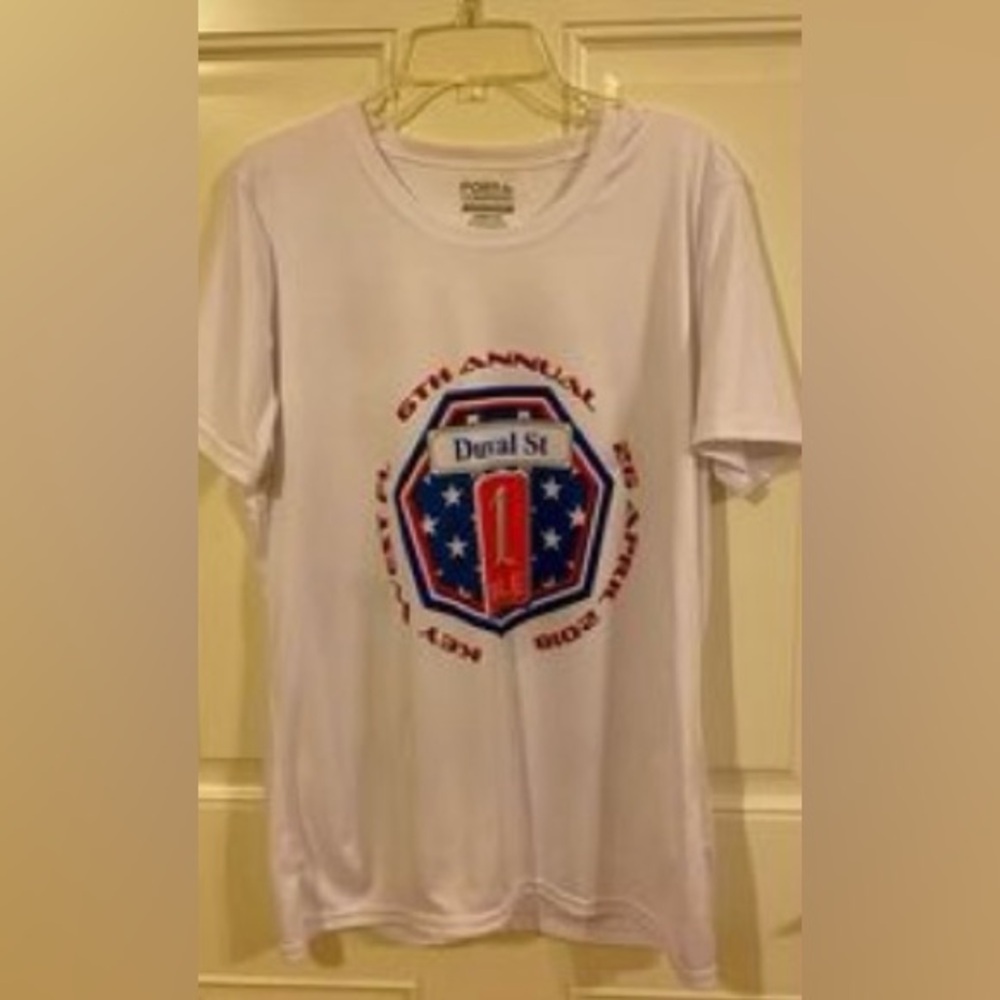 White Graphic T-Shirt with Red and Blue Design